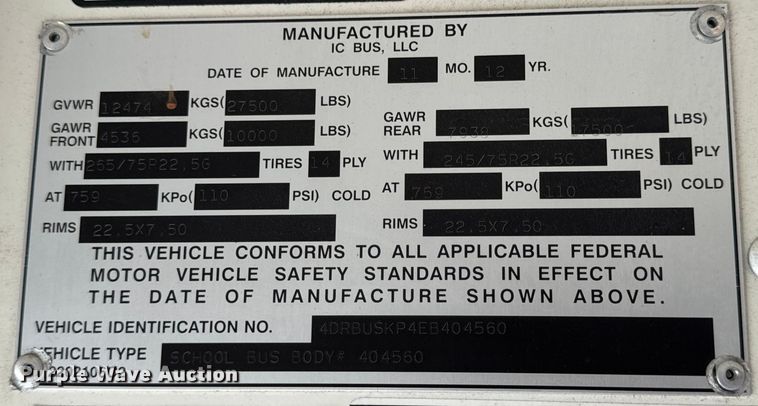 image for item OF9855 2014 IC Corporation PB10500 school bus