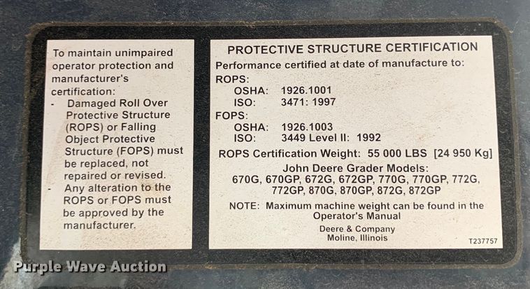 image for item DM7942 2013 John Deere  672G motor grader