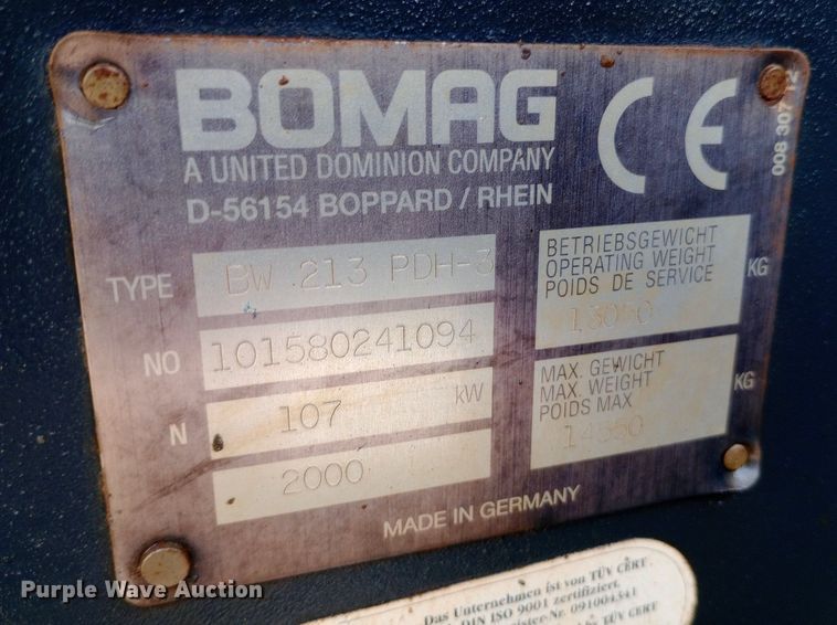 image for item DP1275 2000 Bomag BW213PDH-3 single drum vibratory roller