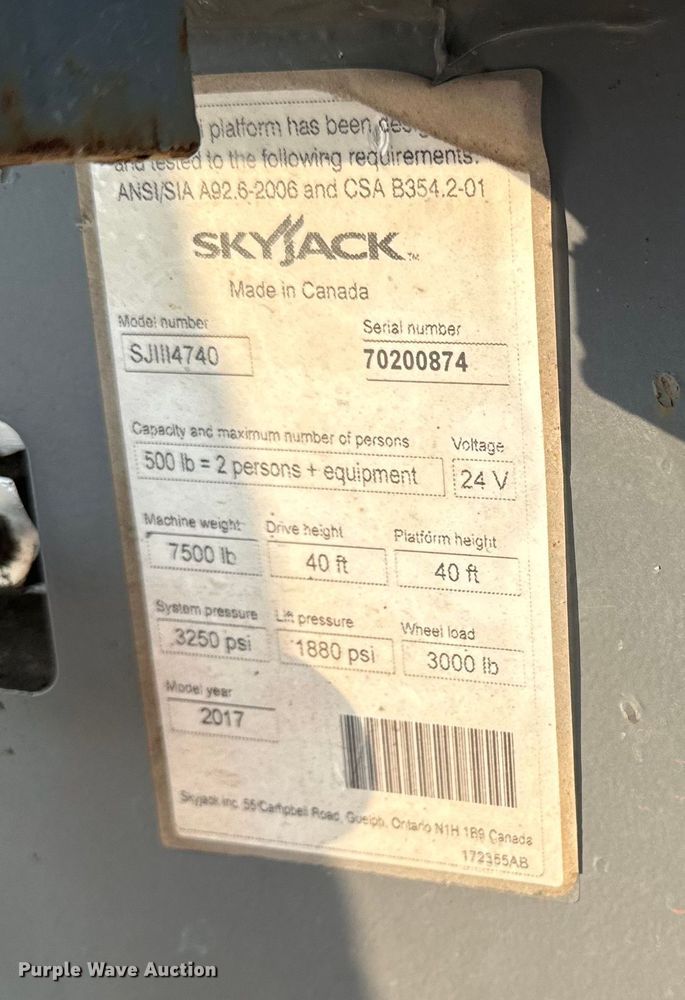 image for item DQ6905 2017 Skyjack 4740 scissor lift