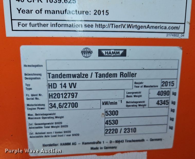 image for item EI3983 2015 Hamm HD 14 VV double drum vibratory roller