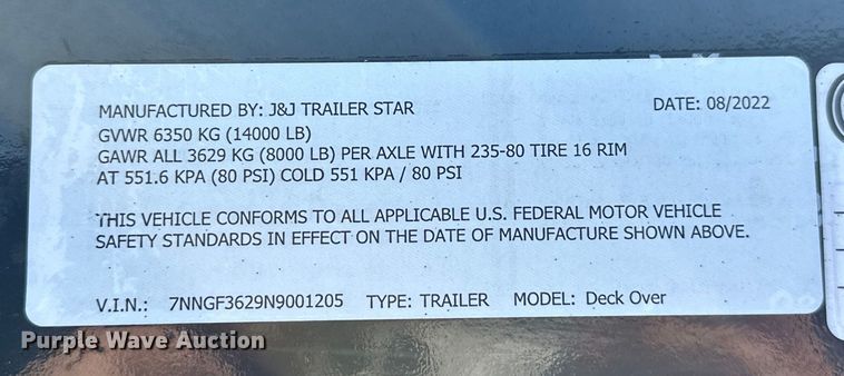 image for item EJ4468 2022 J&J Trailer Star Deck Over  equipment trailer