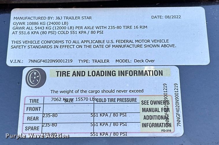 image for item EJ4470 2022 J&J Trailer Star Deck Over equipment trailer