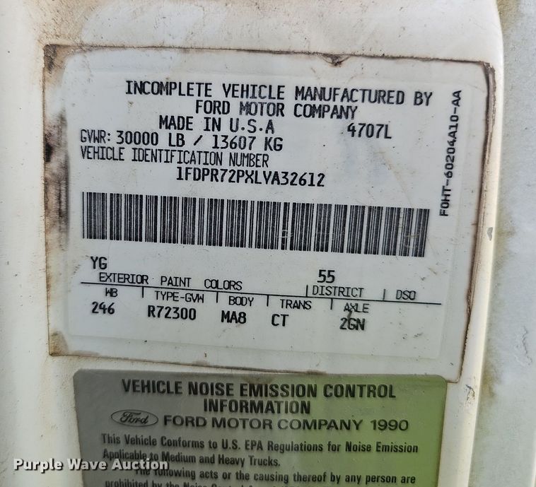 image for item EJ5788 1990 Ford L7000 box truck