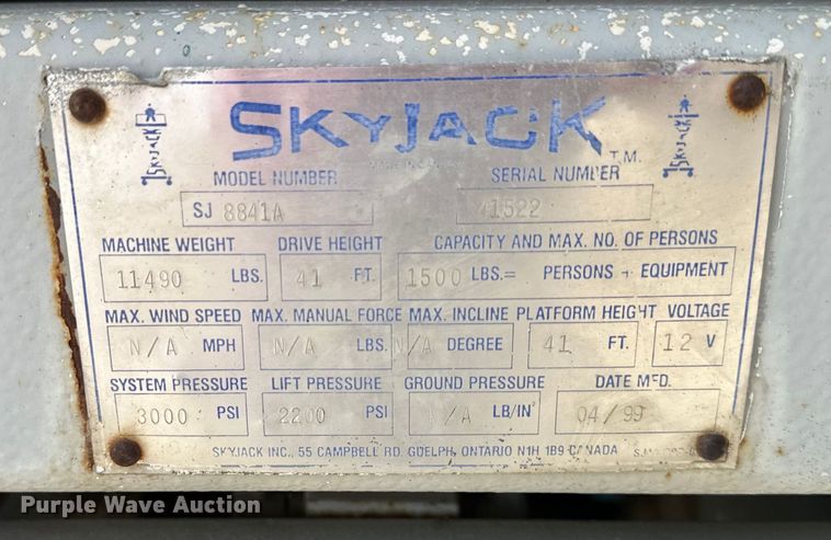 image for item EJ6395 1999 Skyjack   SJ8841 scissor lift