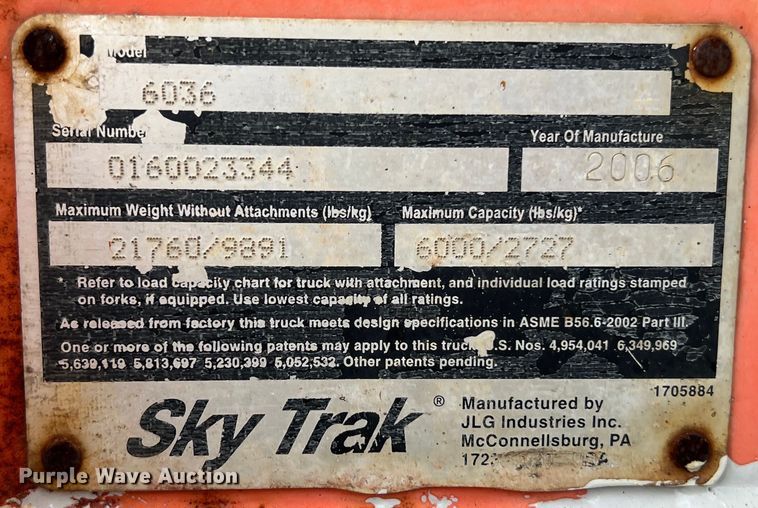 image for item LV9026 2006 JLG Sky Trak 6036 telehandler