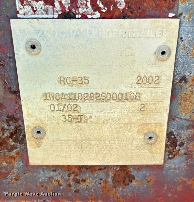 image for item NQ9655 2002 Witzco Challenger RG-35 lowboy equipment trailer