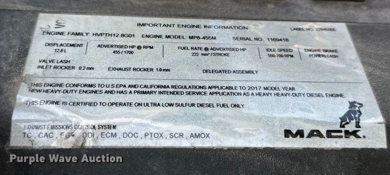 image for item OF9880 2018 Mack GU713 dump truck