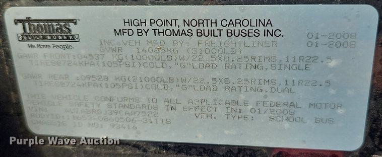 image for item DS4654 2009 Freightliner B2B school bus