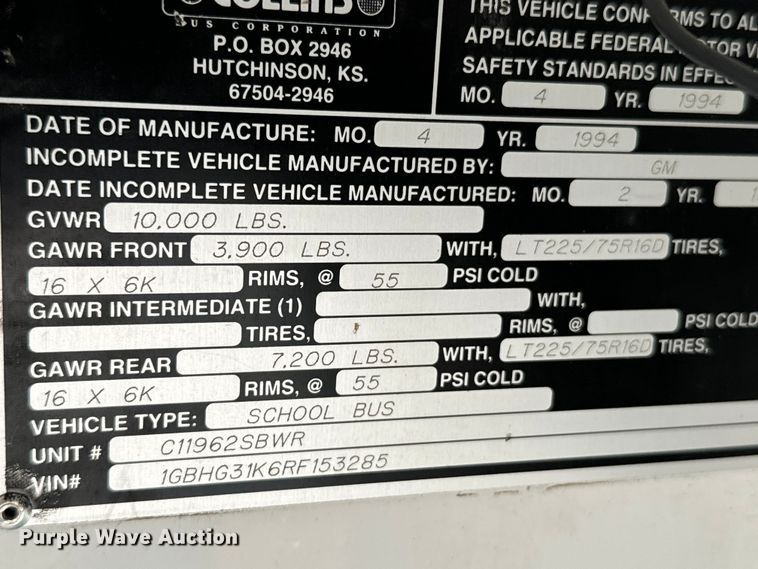 image for item DX3472 1994 Chevrolet  G30 school bus