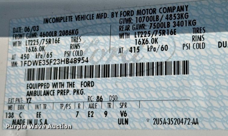 image for item DX3480 2003 Ford E350 ambulance