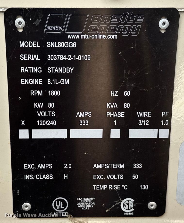 image for item EG0525 2009 Katolight SNL80GG6 generator