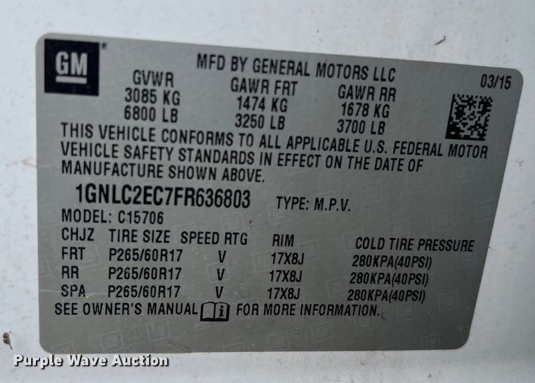 image for item EJ2854 2015 Chevrolet  Tahoe Police SUV