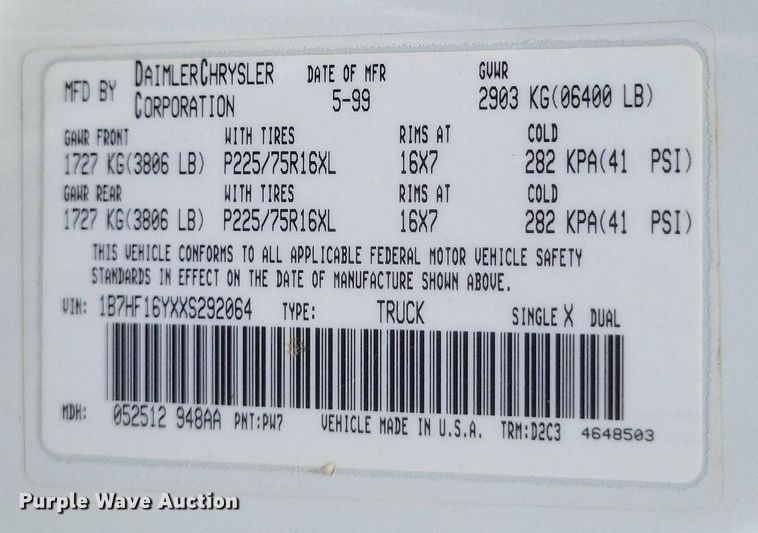 image for item EJ8019 1999 Dodge  Ram 1500 pickup truck