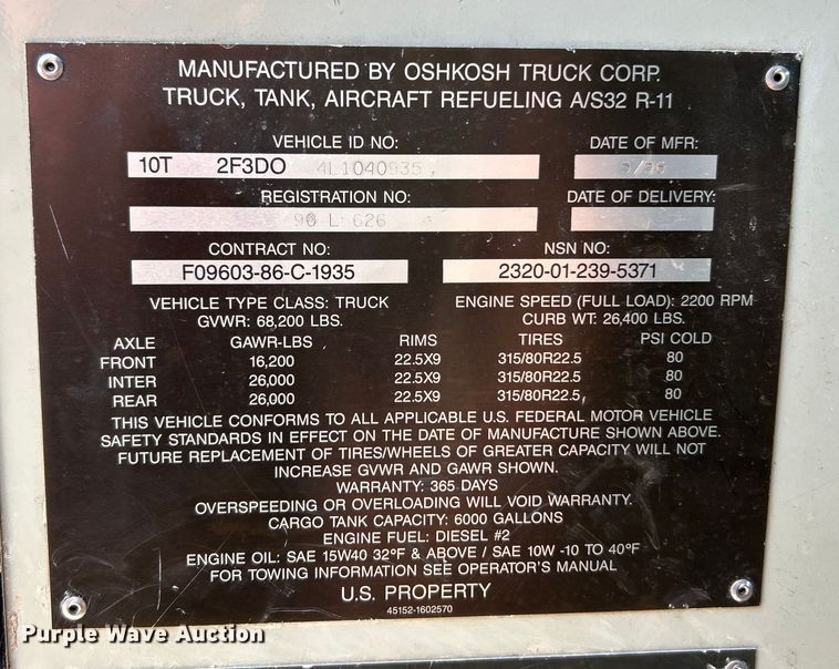 image for item EK5002 1990 Oshkosh water truck