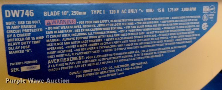 image for item NY9301 Dewalt DW746 table saw