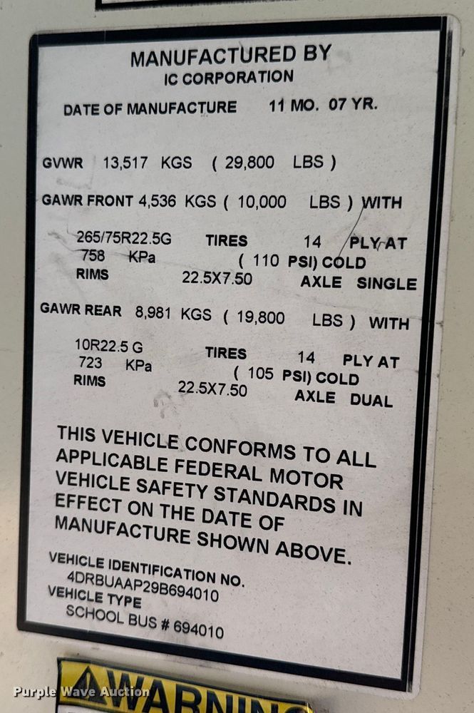 image for item OF9875 2009 IC Corporation  PB10500 school bus