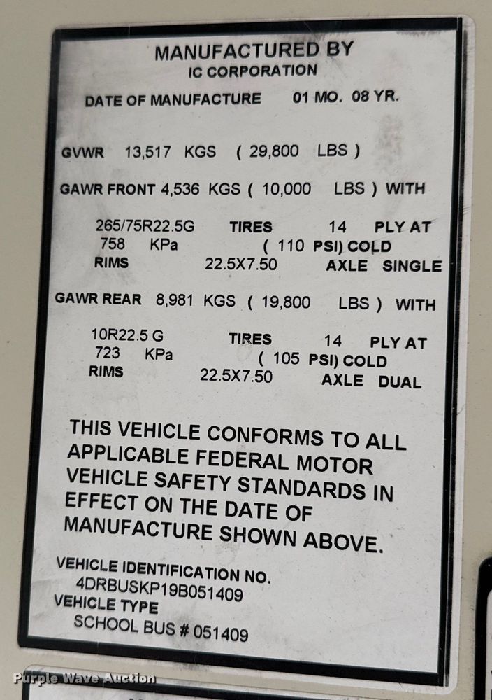 image for item OF9876 2009 IC Corporation  PB10500 school bus