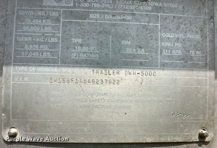 image for item DM2726 2004 Wilson DWH-500C grain trailer