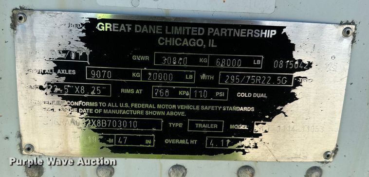 image for item DX1476 2008 Great Dane refrigerated van trailer