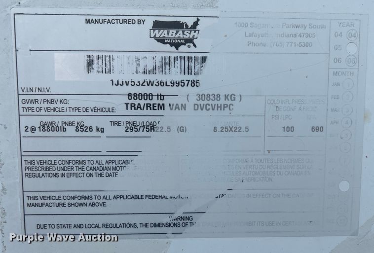 image for item EG0869 2006 Wabash National  dry van trailer