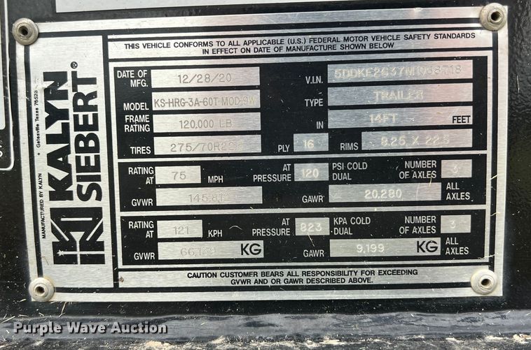 image for item LU9963 2021 Kalyn Siebert KS-HRG-3A-60T-MOD-9W lowboy equipment trailer