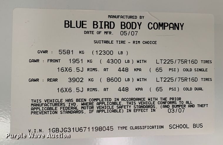 image for item DM7973 2007 Chevrolet Blue Bird E3500 school bus