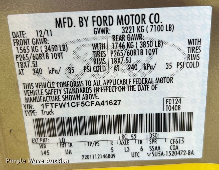 image for item DO6637 2012 Ford F150 Oklahoma Edition XLT SuperCrew pickup truck