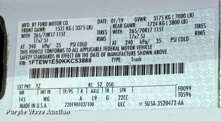 image for item DX3553 2019 Ford F150 XL SuperCrew pickup truck