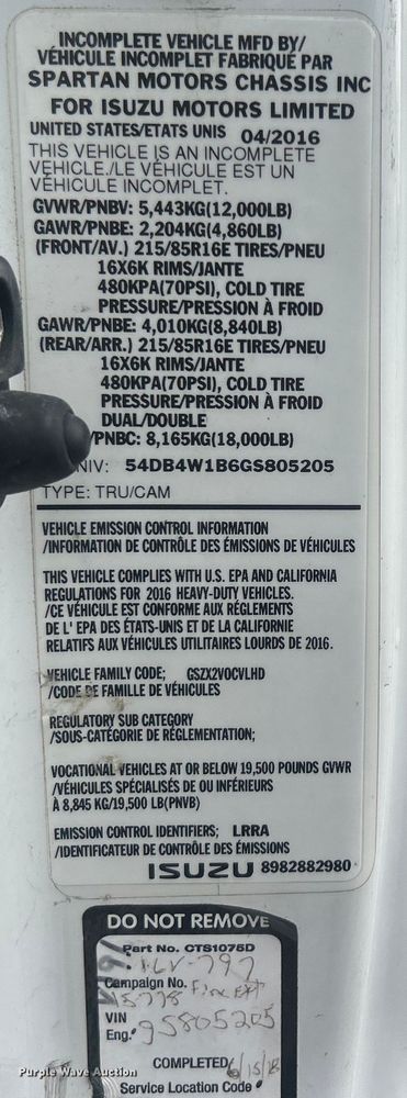 image for item EG0833 2016 Isuzu  NPR box truck