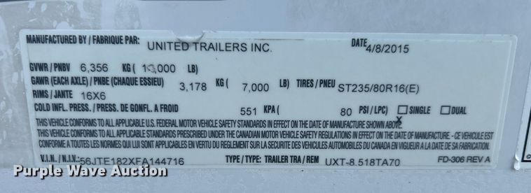 image for item EG0908 2015 United Trailers, Inc. UXT-8 enclosed cargo trailer
