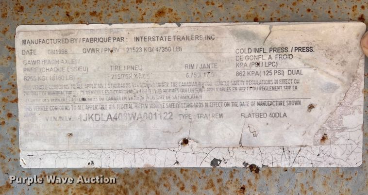 image for item EJ2863 1998 Interstate 40DLA equipment trailer