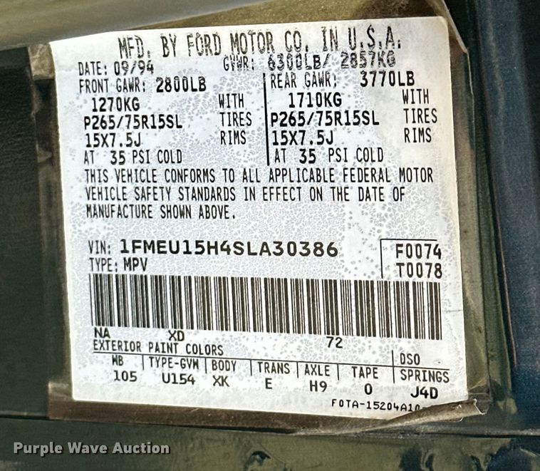 image for item EJ4477 1995 Ford Bronco  SUV