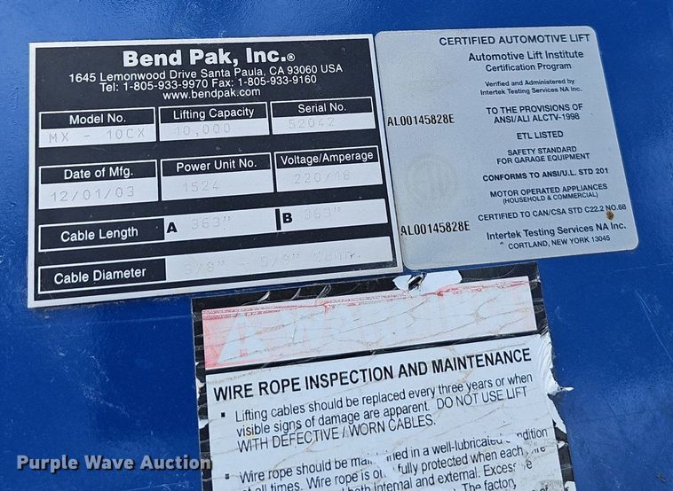 image for item EJ5823 Bend-Pak MX-10CX  two post automotive lift