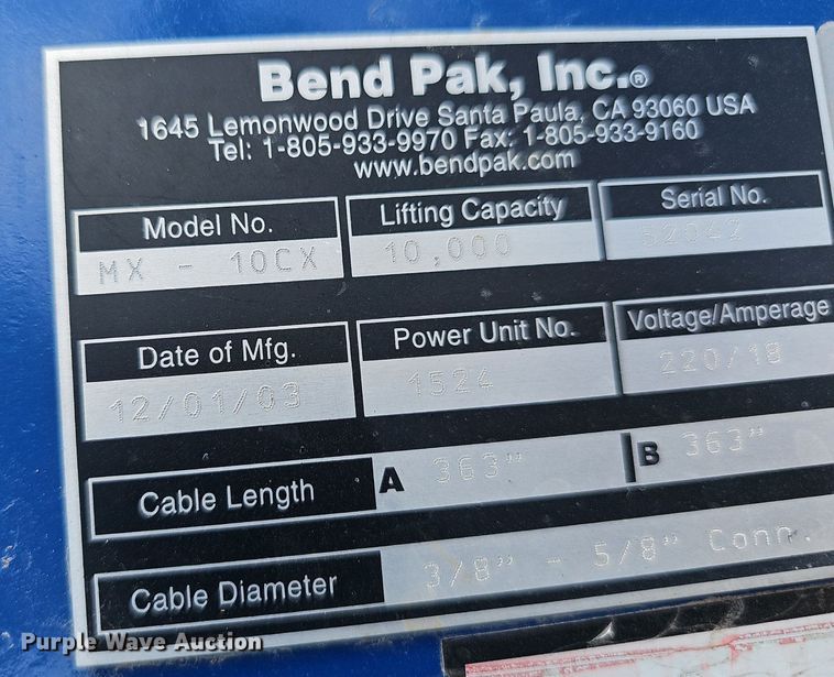 image for item EJ5823 Bend-Pak MX-10CX  two post automotive lift