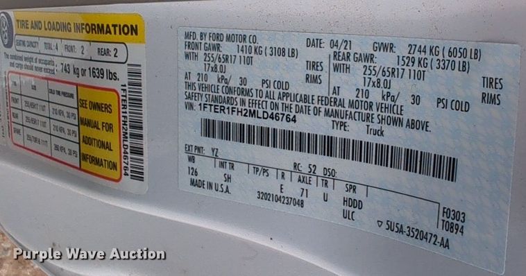 image for item NW9698 2021 Ford  Ranger  SuperCab utility bed pickup truck