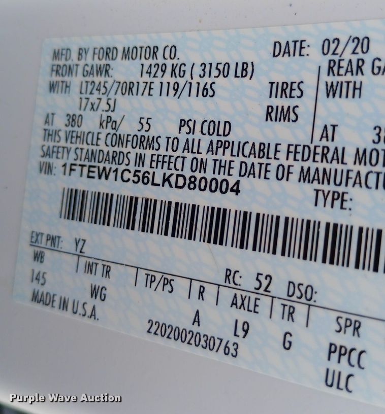 image for item NY9424 2020 Ford F150 XL SuperCrew pickup truck