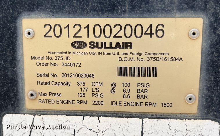 image for item DO2457 2000 Sullair  375 JD air compressor with trailer