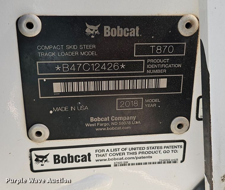 image for item DS4655 2018 Bobcat T870 tracked skid steer loader