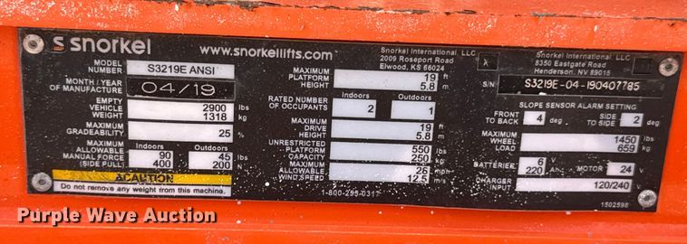 image for item DX1011 2019 Snorkel S3219E scissor lift