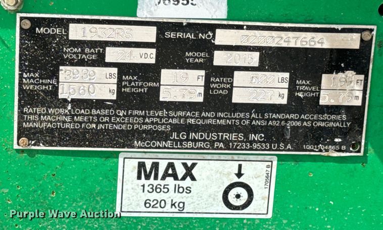 image for item DX1012 2015 JLG 1932RS scissor lift