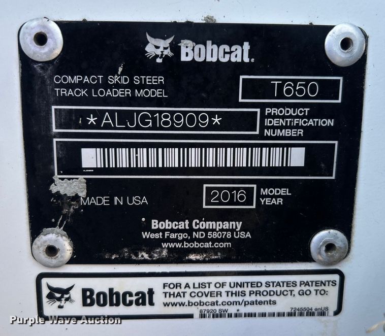 image for item EG0914 2016 Bobcat T650 skid steer loader