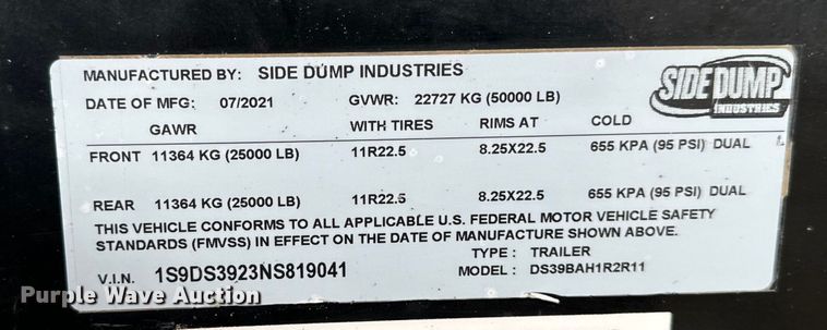 image for item EH4365 2022 Side Dump Industries DS39BAH1R2R11 side dump trailer
