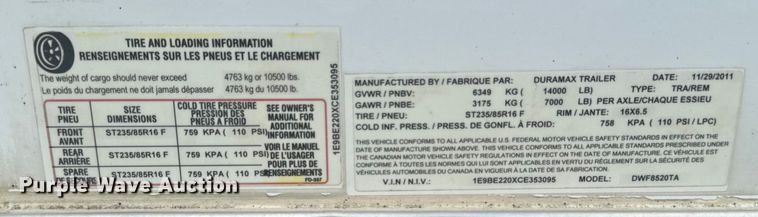 image for item EH4367 2012 Duramax DWF8520TA enclosed cargo trailer