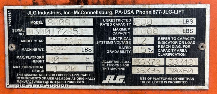 image for item EJ2858 2013 JLG 800S boom lift