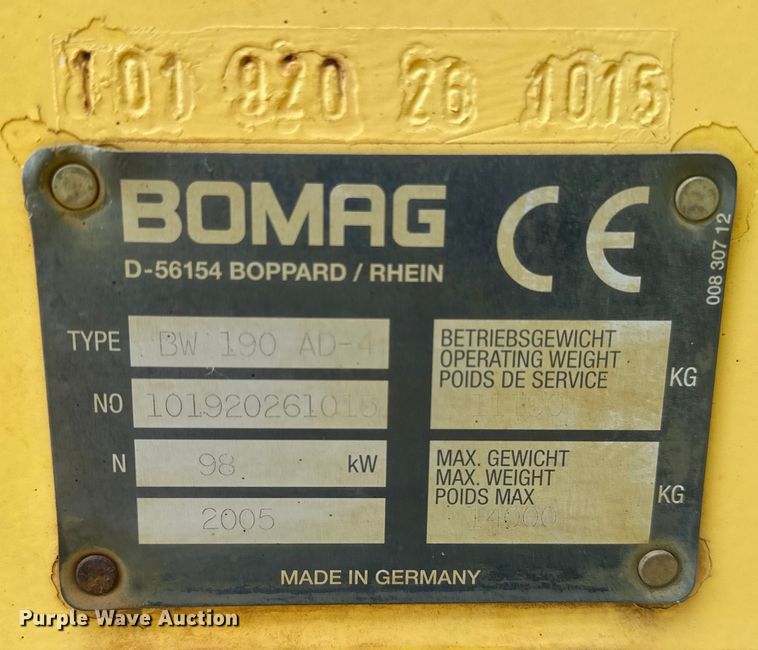 image for item NR9928 2005 Bomag BW190 AD-4 double drum vibratory roller