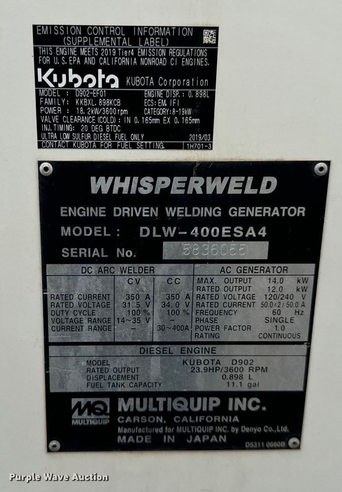 image for item OG9627 2019 Multiquip DLW-400ESA4 welder/generator