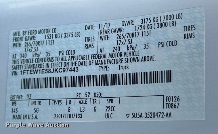 image for item DG4458 2018 Ford F150 SuperCrew pickup truck