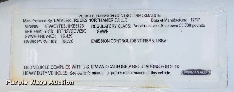 image for item DM1766 2018 Freightliner  M2106 refuse truck