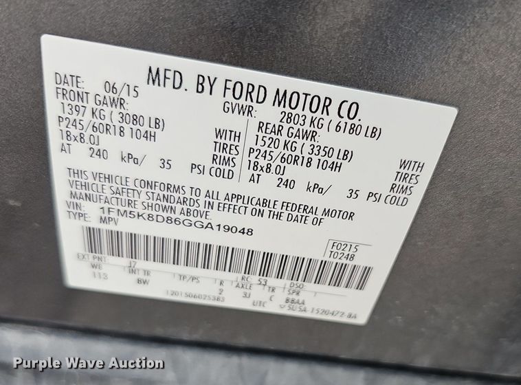 image for item DQ4492 2016 Ford Explorer XLT SUV